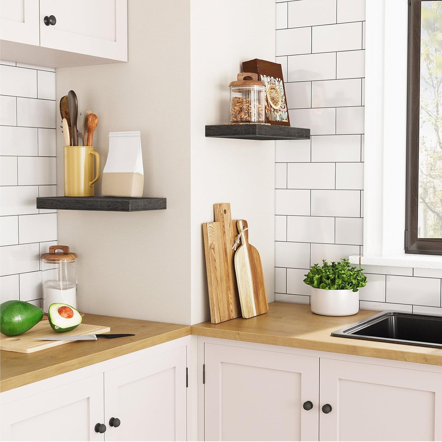 HOOBRO Floating Shelves for Wall, Wall Mounted Shelf Set of 2, 15.7" Hanging Shelf with Invisible Brackets, for Wall in Bathroom, Bedroom, Toilet, Kitchen, Living Room, Office, Charcoal Gray BC40BJ01