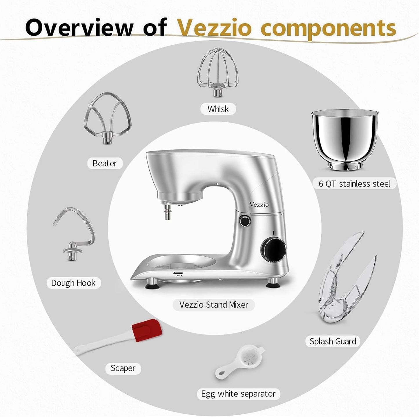 Vezzio Stand Mixer,6 Quarts,10-Speed Tilt-Head,Kitchen Food Mixer with Stainless Steel Bowl,Dough Hook,Whisk, Beater,Egg White Separator (Silver)