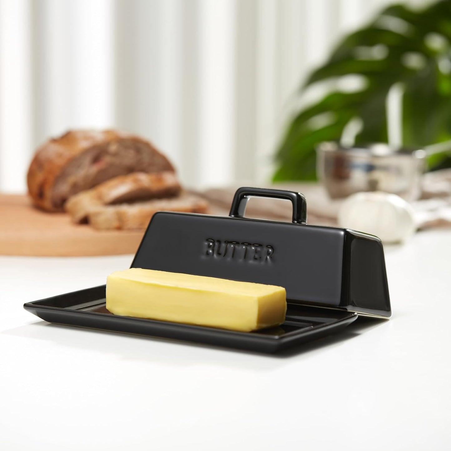 Butter Dish with Lid for Countertop, by Kook, Ceramic Dish Tray with Cover, Kitchen Keeper, Container, Holder, Holds 1 Stick, Microwave and Dishwasher Safe, Black
