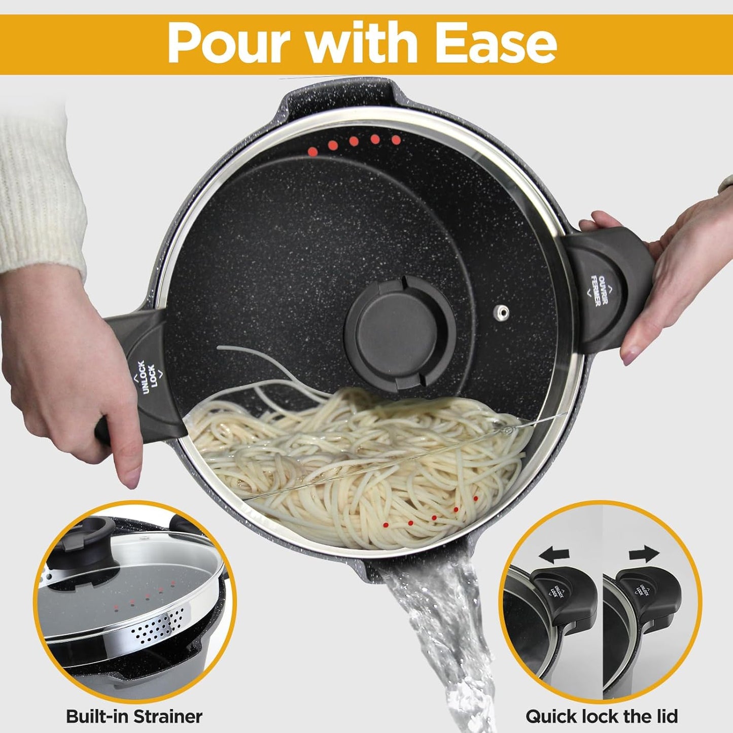 5QT Pasta Pot with Strainer Lid, 9.5'' Cast Aluminum Nonstick Multipurpose Stock Pot Spaghetti, Self-Draining Cooking Pot with Insulated Handles for Soup, and Boiling