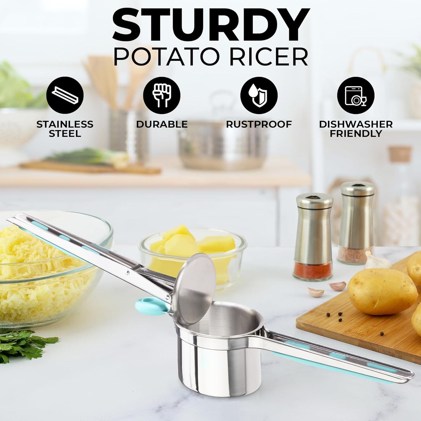Zulay Kitchen Large 15oz Potato Ricer, Heavy Duty Stainless Steel Potato Masher and Ricer for Mashed Potatoes, Mashed Potato Masher & Potato Press Gadget for Perfect Mashed Potatoes - Turquoise