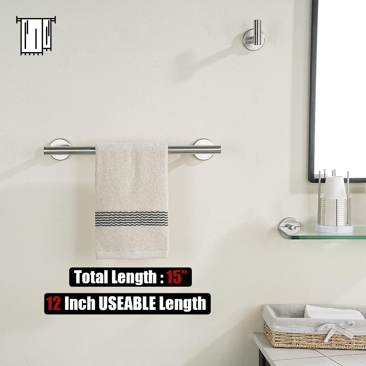 JQK Bathroom Towel Bar, 15 Inch 304 Stainless Steel Thicken 0.8mm Towel Rack, Towel Holder Brushed Finished Wall Mount, Useable Length 12 Inch, TB110L12-BN