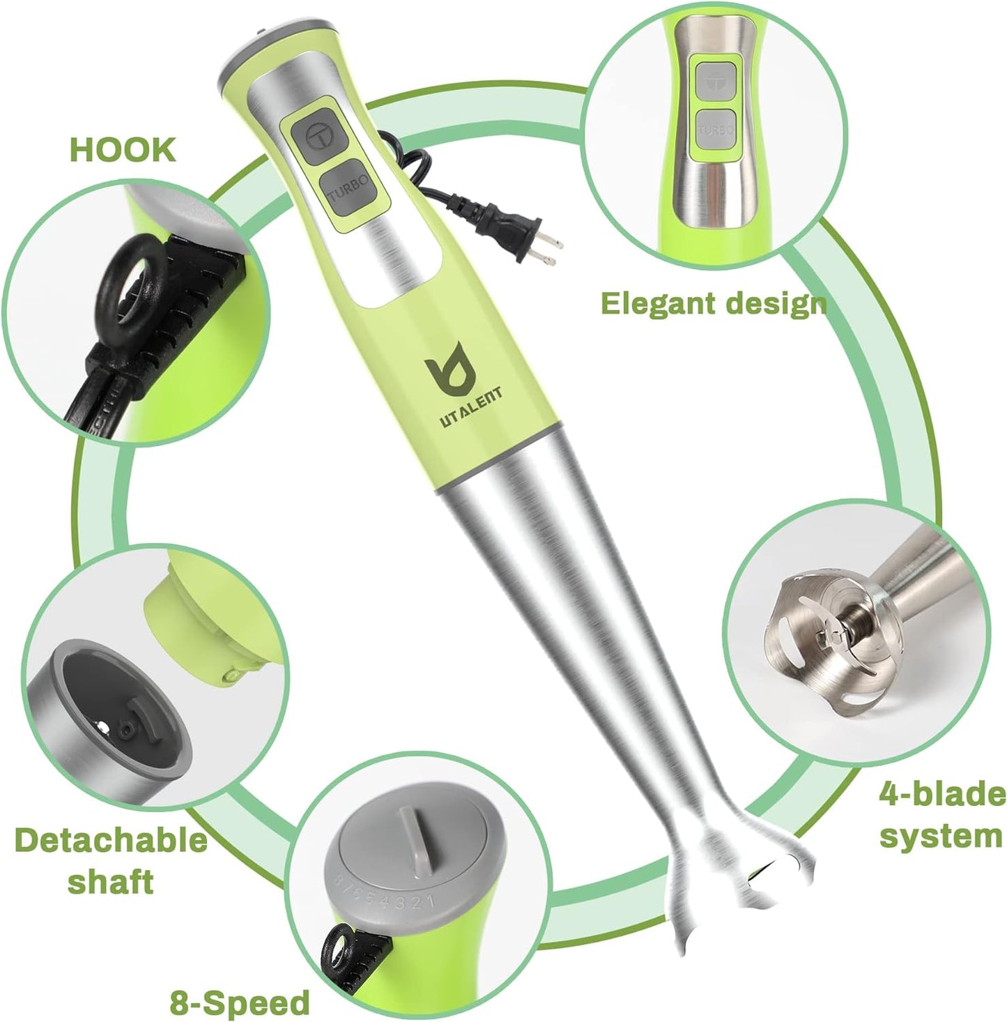 Immersion Hand Blender, UTALENT 3-in-1 8-Speed Stick Blender with Milk Frother, Egg Whisk for Coffee Milk Foam, Puree Baby Food, Smoothies, Sauces and Soups - Green