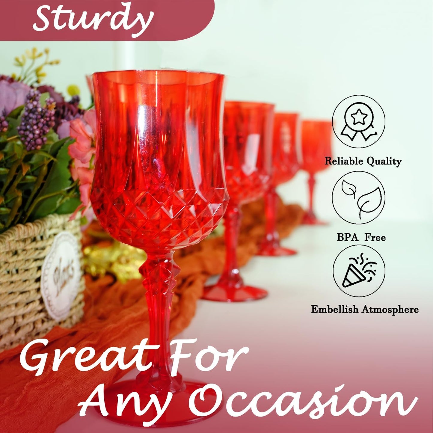 Plastic Wine Glasses，Plastic Goblets Vintage Style Cordial Drinking Glasses for Wedding Reception, Grand Event Party Supplies (12, Red)