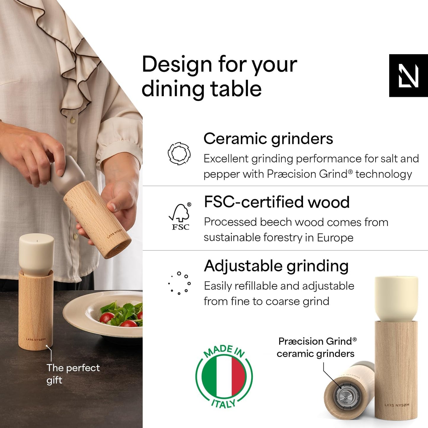 LARS NYSØM Wooden Salt and Pepper Grinder Set Manual with Tray - Salt and Pepper Mills with Adjustable Ceramic Grinder - Elegant Beechwood Pepper and Salt Mill Set for Dining Table (Brown/Beige)