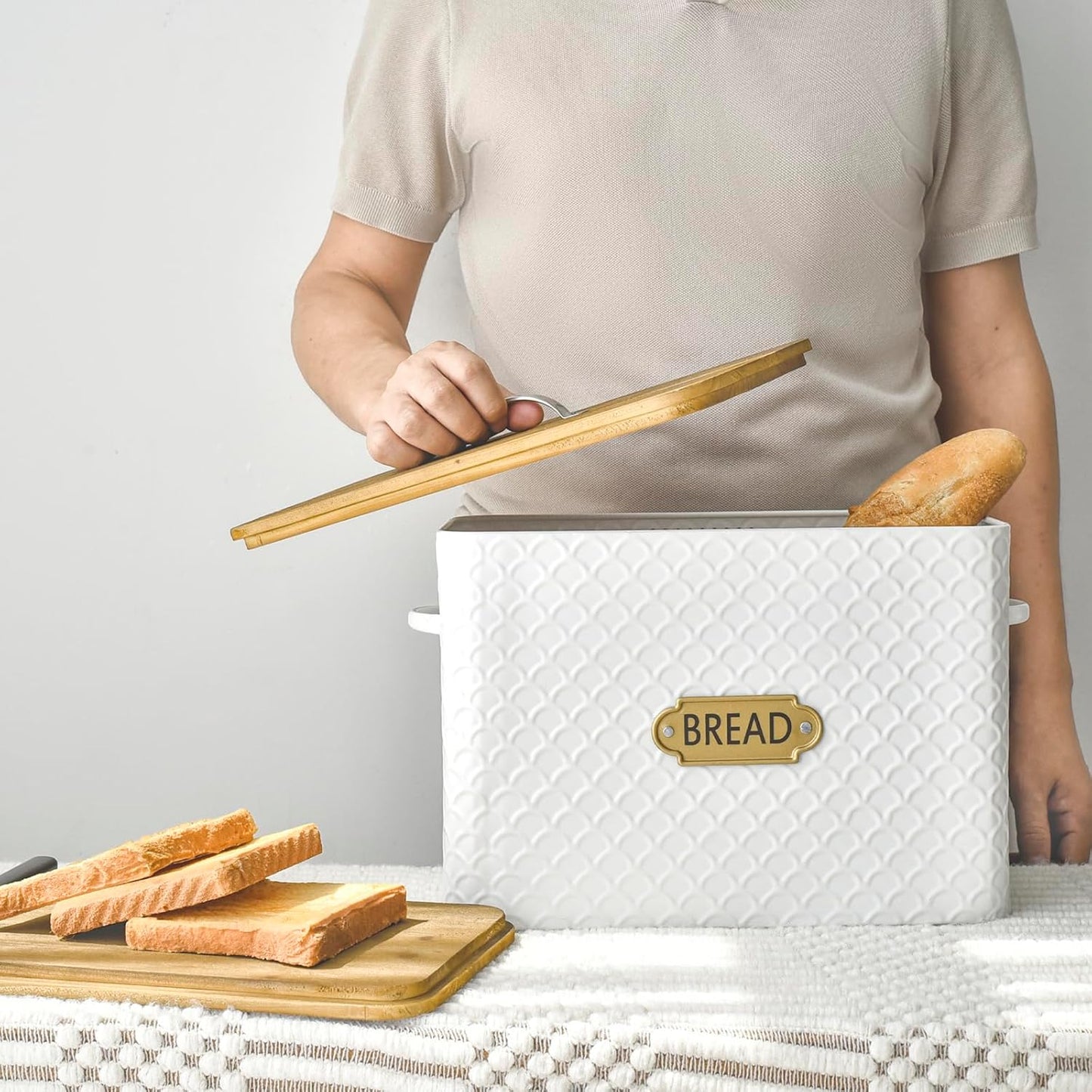 Extra Large Space Saving Farmhouse Bread Box With Wood Lid - Holds 2 Loaves - Vertical Breadbox Bread Storage Bin Holder for Kitchen Countertop, White