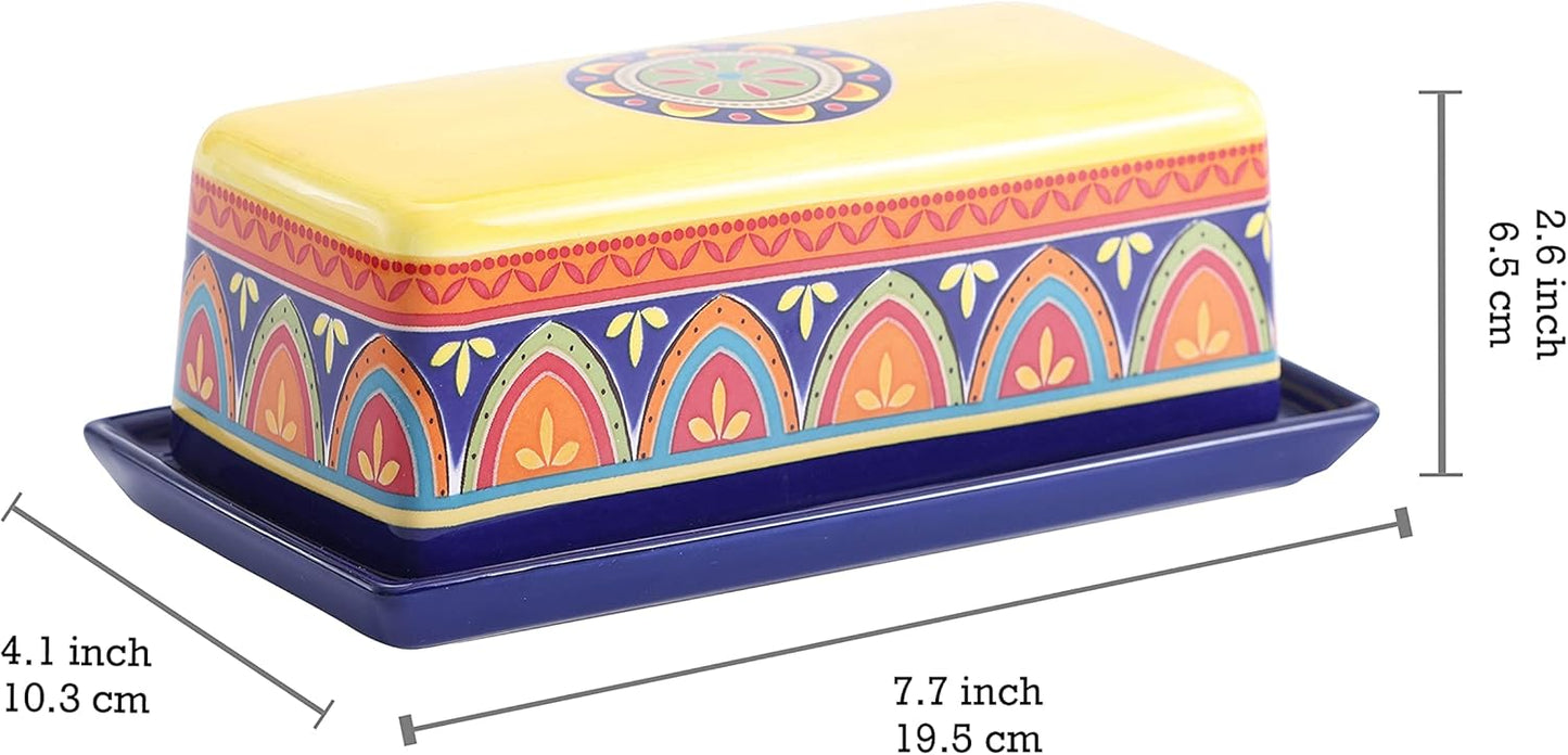 Bico Tunisian Ceramic Butter Dish with Lid, Wide Butter Keeper for Counter, Kitchen Countertop, Microwave and Dishwasher Safe