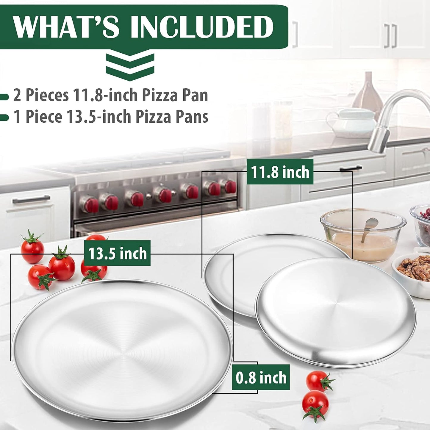 P&P CHEF 12 + 12 + 13.5 Inch Pizza Pan, 3 Pieces Stainless Steel Round Pizza Tray Dish Plate For Oven Baking Roasting, Healthy & Heavy Duty, Rust Free & Dishwasher Safe -Silver