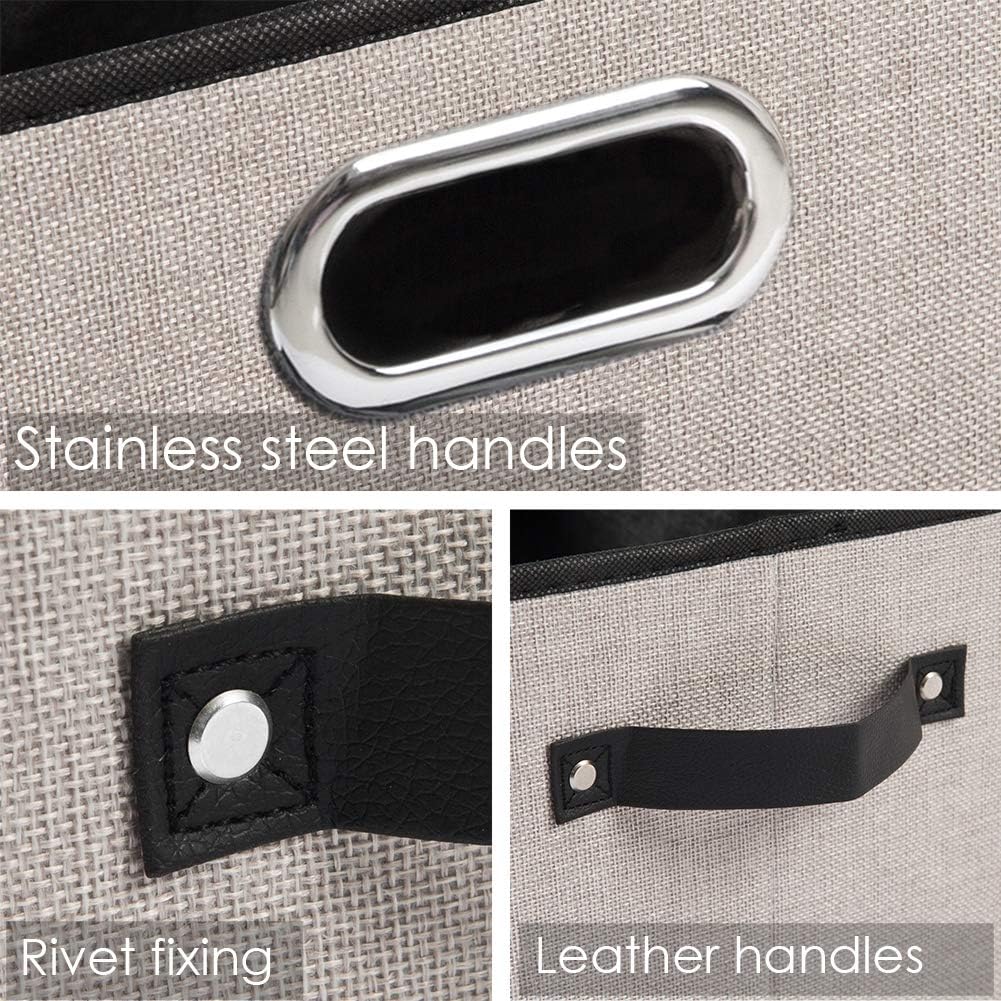 PRANDOM Large Fodable Storage Bins for Closet [5-Pack] Decorative Linen Fabric Storage Bins Cubes with Leather/Metal Handles for Shelves Bedroom Living Room Light Grey (14.9x9.8x8.3 Inch)