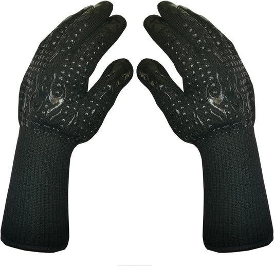 Mitts Oven Gloves with Fingers BBQ Heat Resistant Gloves Oven Gloves 1472℉ 14Inch Cut Resistant Cooking Grill Gloves Silicone Non-Slip Cooking Gloves for Grilling/Baking for Gift (Large, Black)