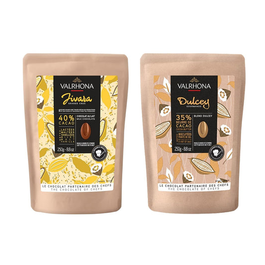 Valrhona Premium Baking Chocolate Discs (Feves), Milk JIVARA 40% with Hints of Vanilla and Malt, and Creamy Blonde Chocolate DULCEY 35% with Caramel Cookie Flavor Notes, for Cookies, Cakes, and more