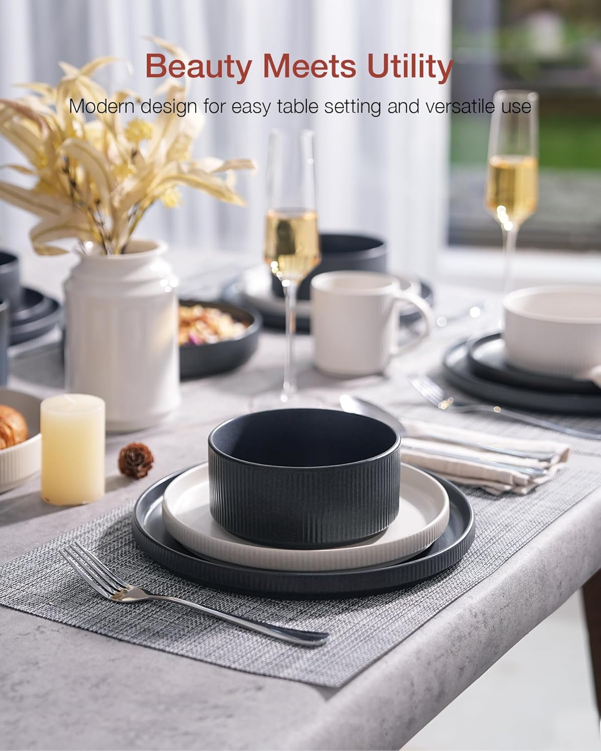 Famiware Star Dinnerware Set, Plates and Bowls Sets for 4 (12pcs), Ribbed Stoneware Dishes - Chip & Scratch Resistant, Microwave & Dishwasher Safe, Multicolor - Matte White & Matte Dark Charcoal