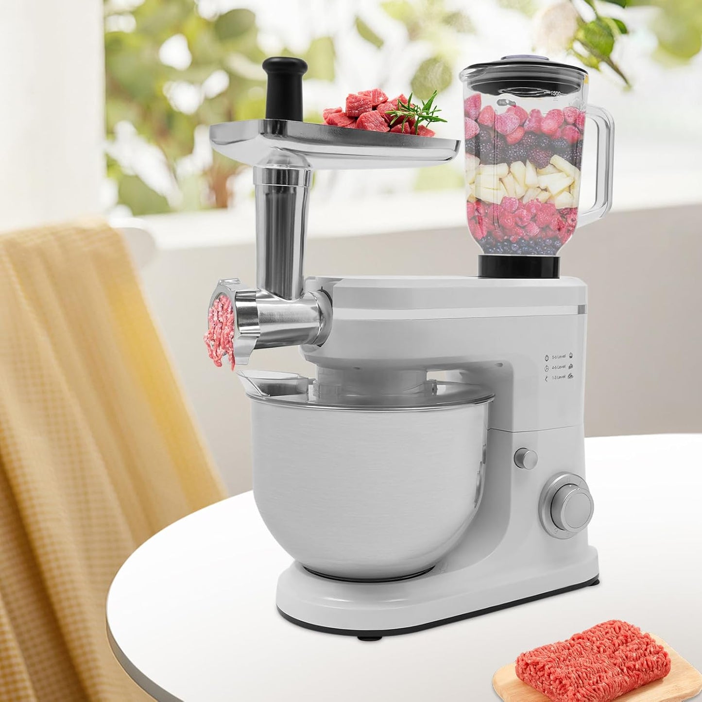 Stand Mixer, 3-in-1 Food Processor Multifunctional Electric Kitchen Mixer with 6 Accessories for Most Home Cooks, 6.34 Qt (White)