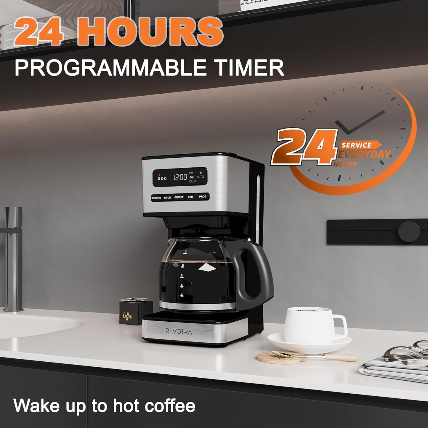 12-Cup Programmable Coffee Maker, Regular & Strong Brew Drip Coffee Machine, 1-4 Cup and Ice Coffee Setting, 24H Timer, Auto Shut-Off, Keep Warm, Pause & Serve