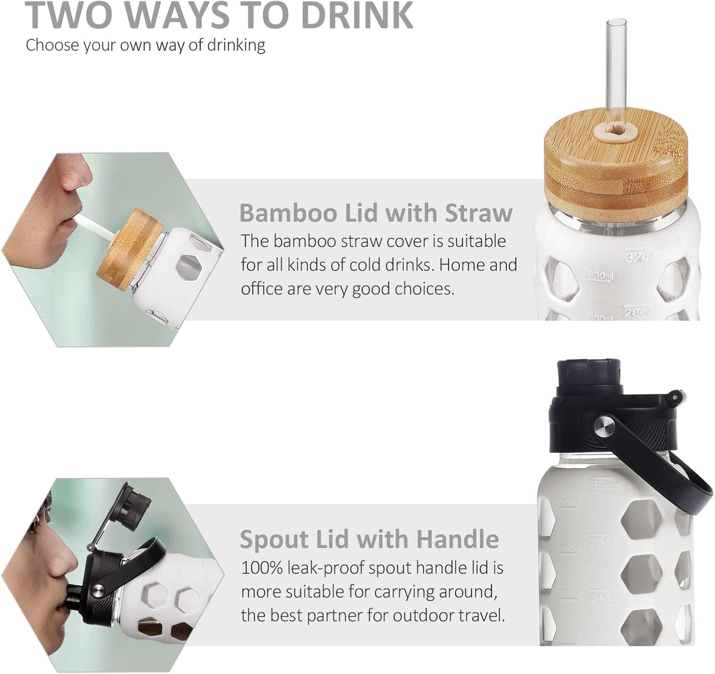 MUKOKO 32oz Glass Water Bottles with 2 Lids-Handle Spout Lid&Bamboo Straw Lid, Motivational Water Tumbler with Time Marker Reminder and Silicone Sleeve, Leakproof-White-1 Pack