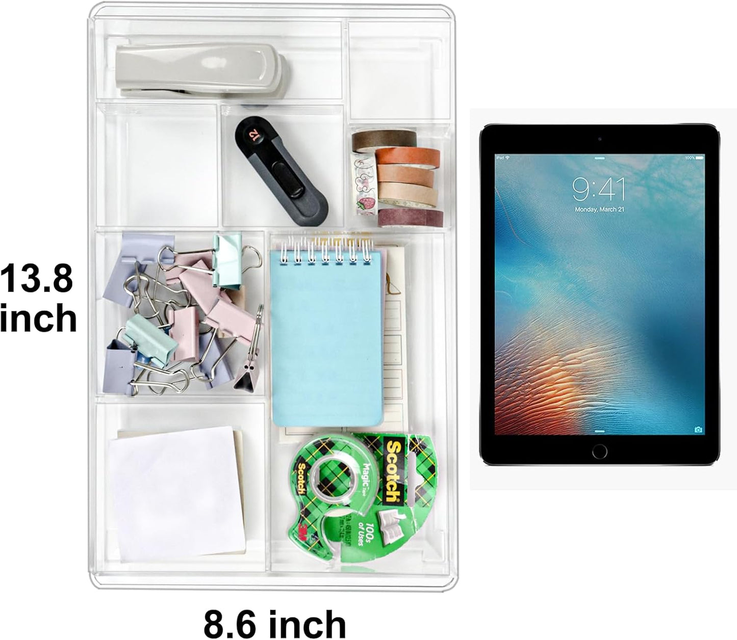 8-Section Clear Drawer Organizer, Large Acrylic Drawer Divider Tray for Desk,Bathroom,Office Makeup,Junk, Plastic Drawers Organizer 13.7" x 8.7" x 2" (8-Section)