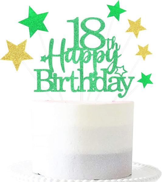 Glittery 18th Happy Birthday Cake Topper with Star,Personalised 18 Birthday Cake Toppers Party Decorations Party Supplies for Boys Girls Green Gold