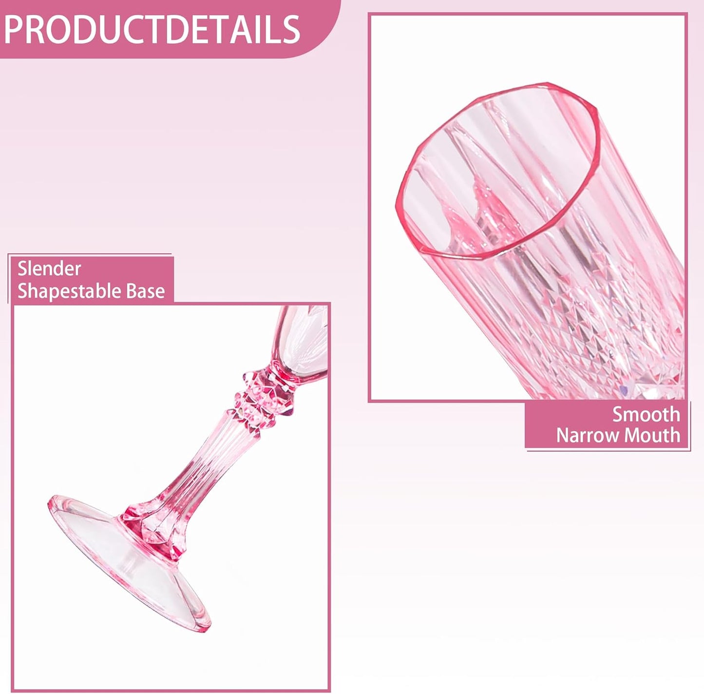 Plastic Champagne Flutes, 24PCS Pink Plastic Wine Glasses Goblets Reusable Champagne Flute for Weddings, Bachelor Parties, Toasting, and Events (24, Pink)