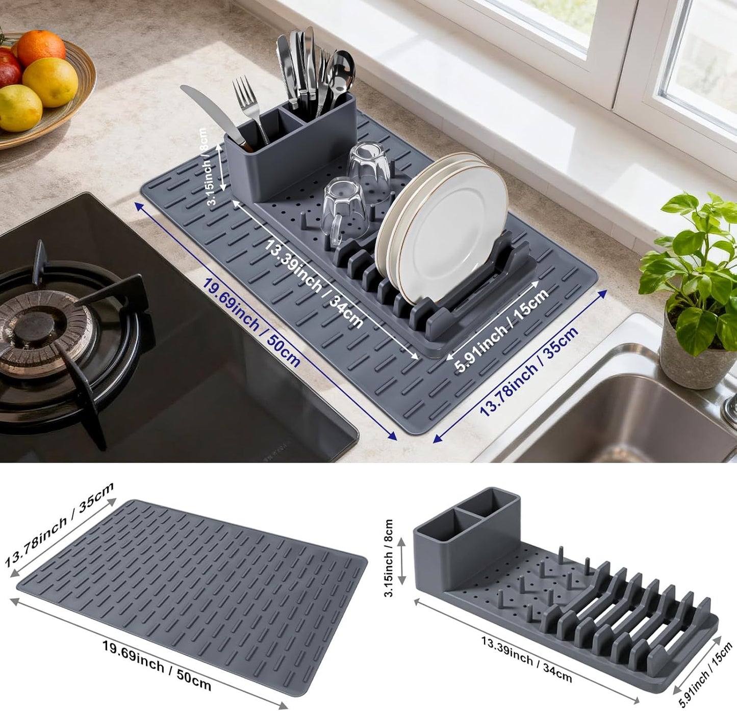Silicone Dish Drying Rack with Mat - Foldable Space Saving Kitchen Sink Organizer, Countertop Drainer for Dishes Utensils (50x35cm Mat & Detachable Holder)