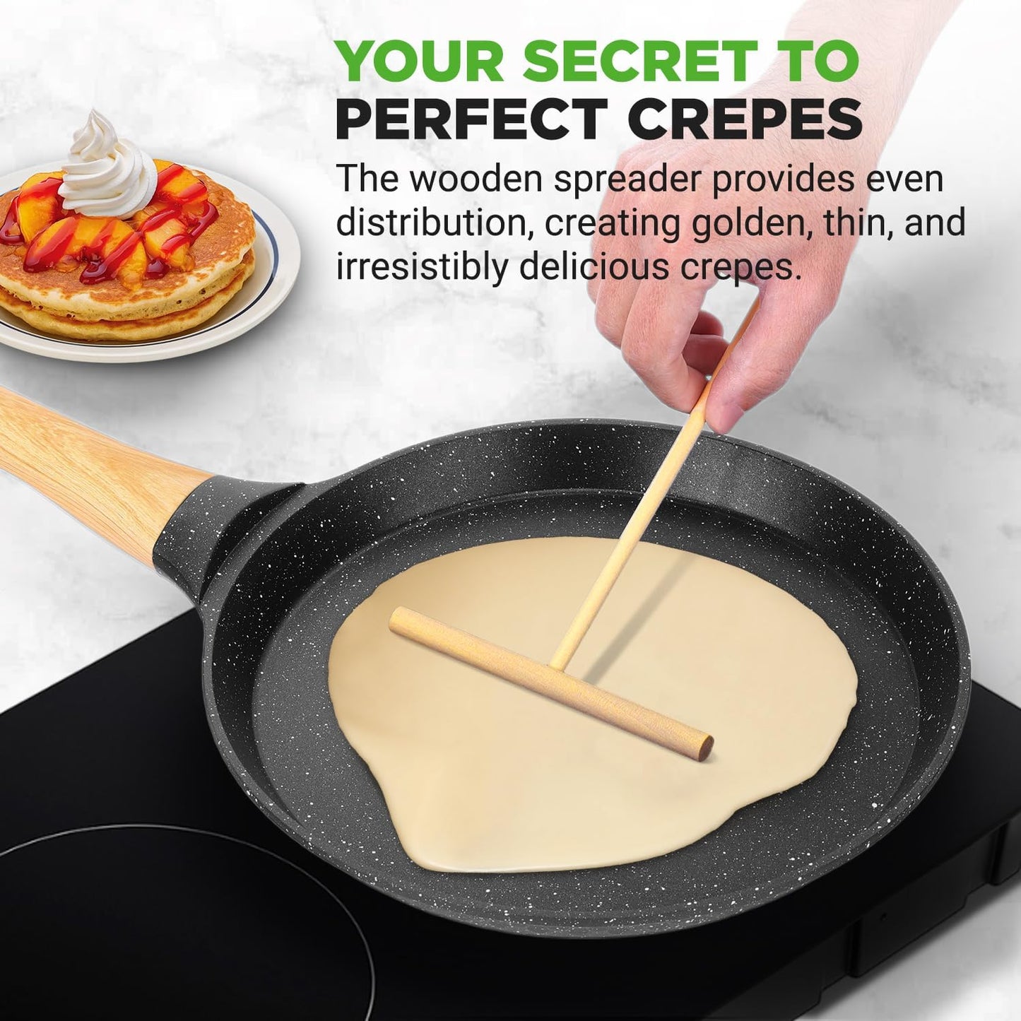 NutriChef 11” Non-Stick Crepe Pan with Wooden Spreader, Durable Marble Coated Dosa Pan, Bakelite And Wood Handle With Induction Bottom, Easy-to-Clean, Stain-Resistant (Black Marble)