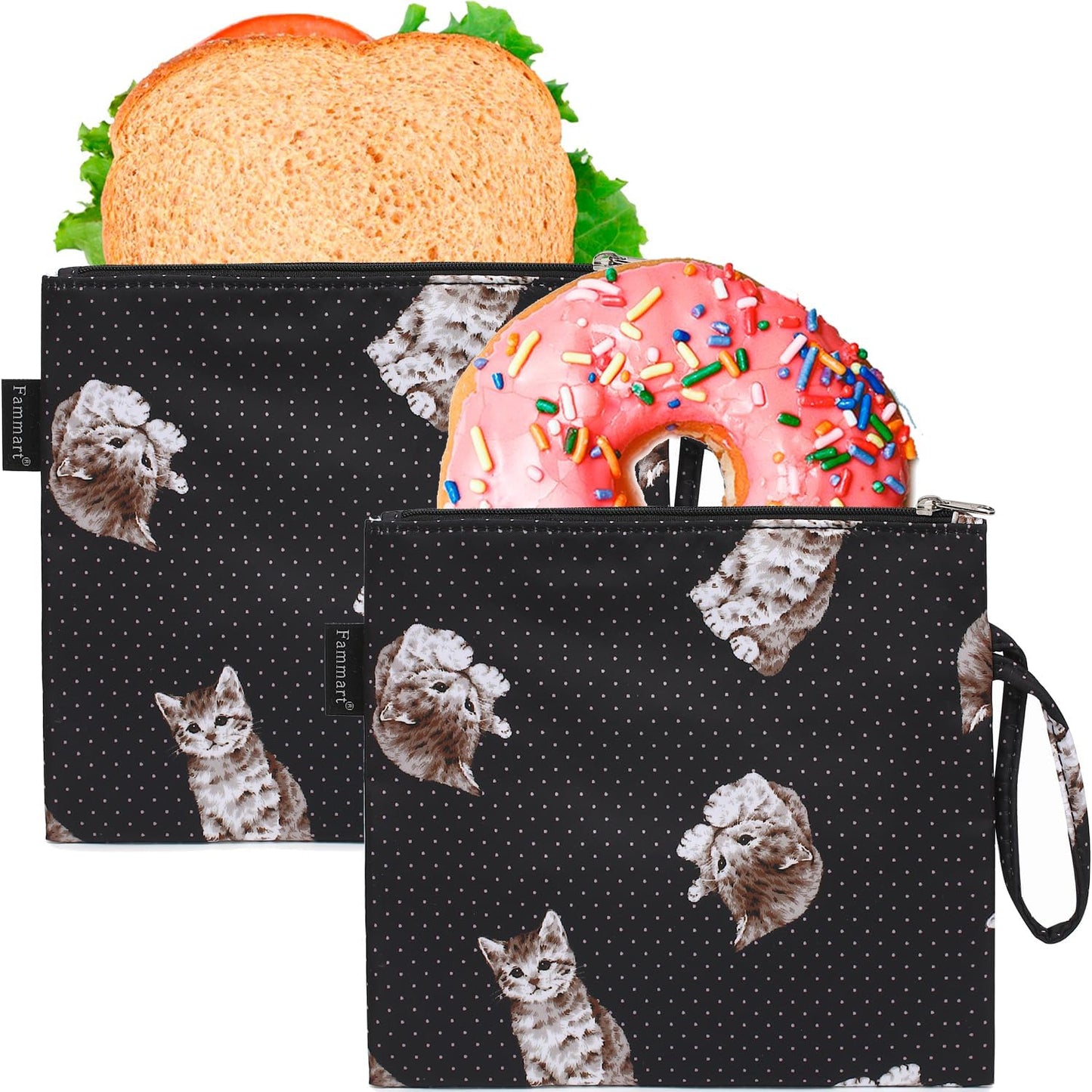 Reusable Sandwich Bag/Snack Bag for Kids & Adults, Dual Layer Lunch Bag with Handle, Washable, Food Safe, BPA Free (2-Pack, Dot&Cat)