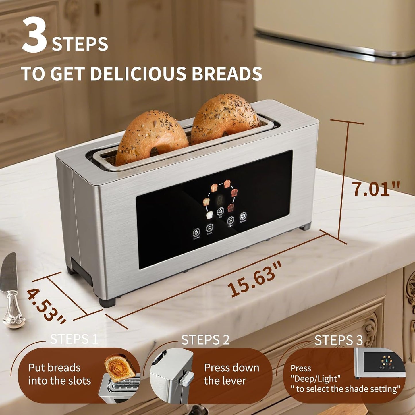 Touch Screen Toaster with LCD Display, Slim Toaster 2 Slice - Long 10" Slot for Baguettes & Extra Wide 1.6" Slot, 6 Browning Levels, 1200W, Space Saving