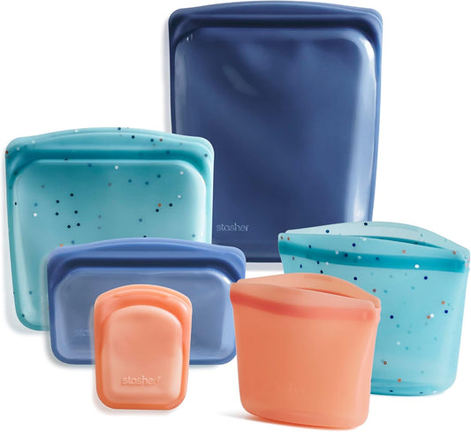 Stasher Premium Silicone Reusable Food Storage Bags, 6-Pack, Starter Kit, Sea Spray, Multi-Use Food Storage Bags, Lunch Bag, Travel Containers, BPA Free, Leak-free, Dishwasher-Safe, Eco-friendly