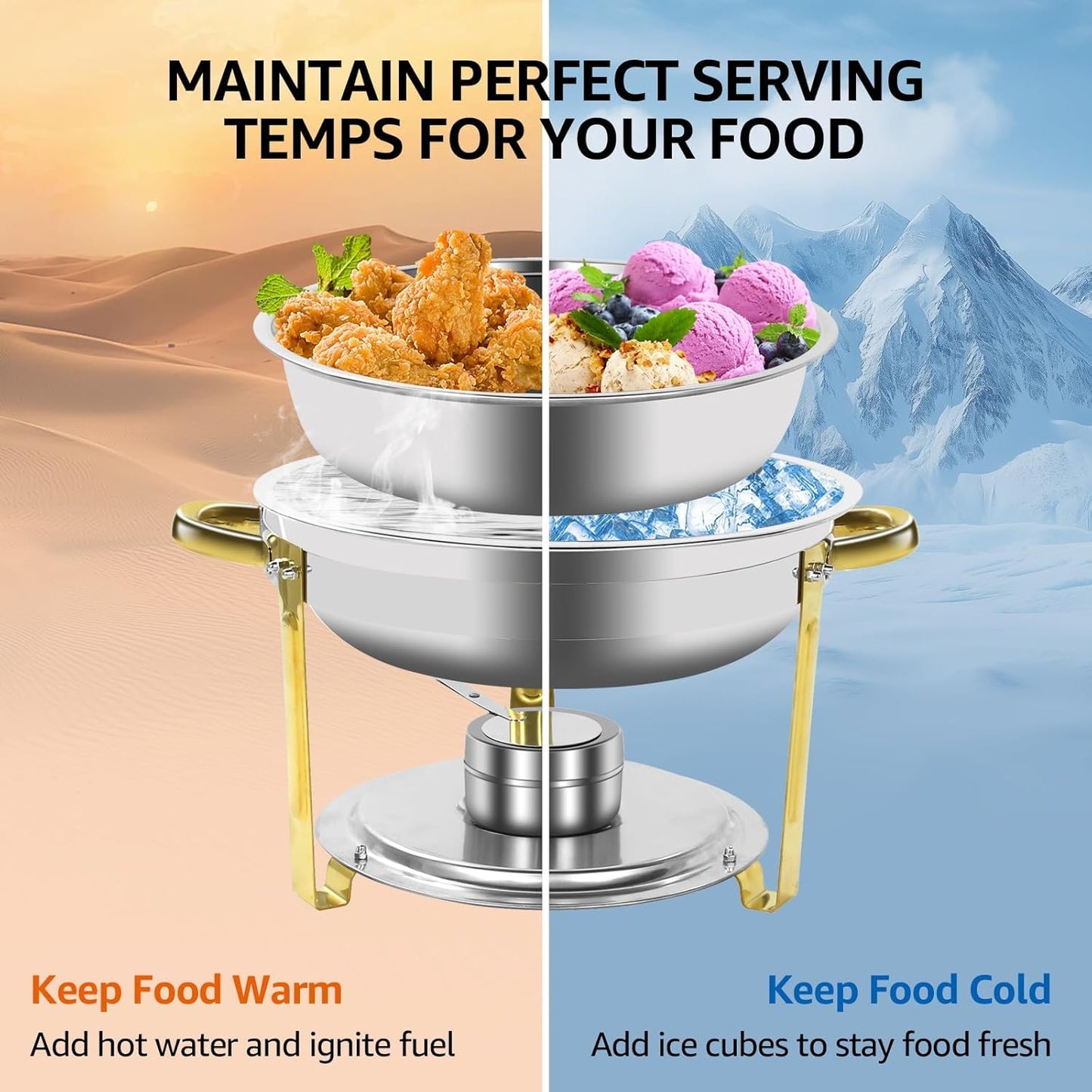 Gold & Silver Chafing Dishes for Buffet with Lid 5QT, 6 Pack - Food-Grade Stainless Steel Chafers and Buffet Warmers Sets with Lid Holder, Rolled Edge Design, for Party, Banquet