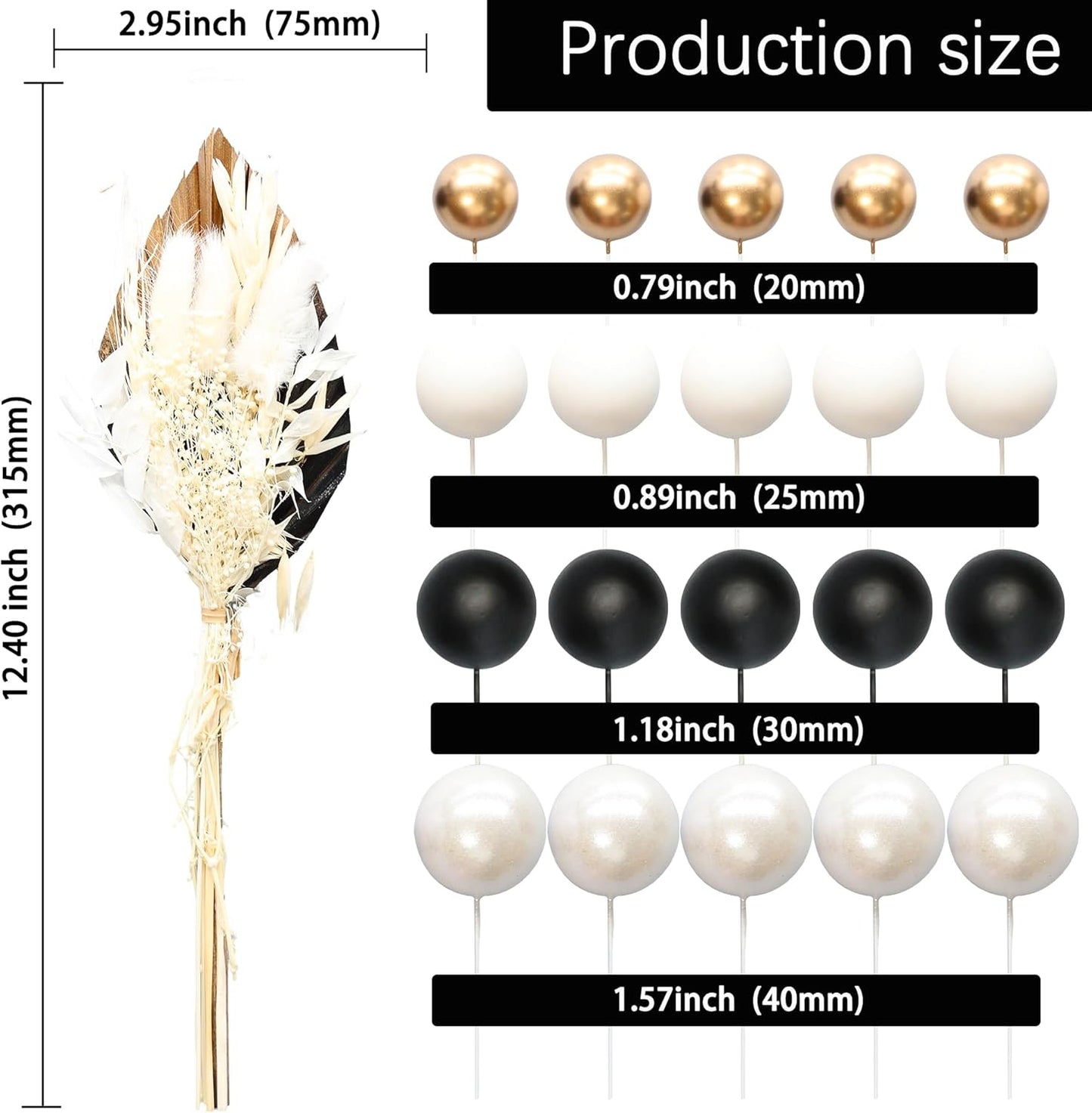 Gyufise 21 Pack Flower Boho Cake Topper Ball Cake Decorations Palm Leaves Plants Cake Decor for Girl Bohemian Princess Theme Wedding Baby Shower Birthday Party Supplies White Gold