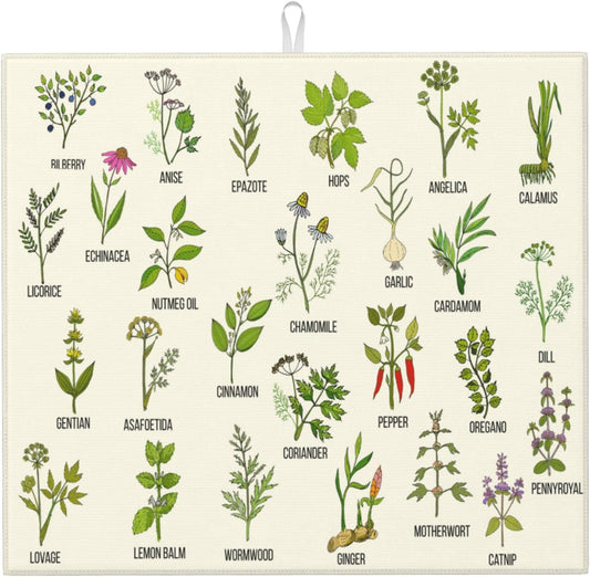 Cute Herbs Botanic Garden Plants Dish Drying Mat for Kitchen Counter Washable Absorbent Reversible Microfiber Drying Pad Kitchen Accessories 16"x18"