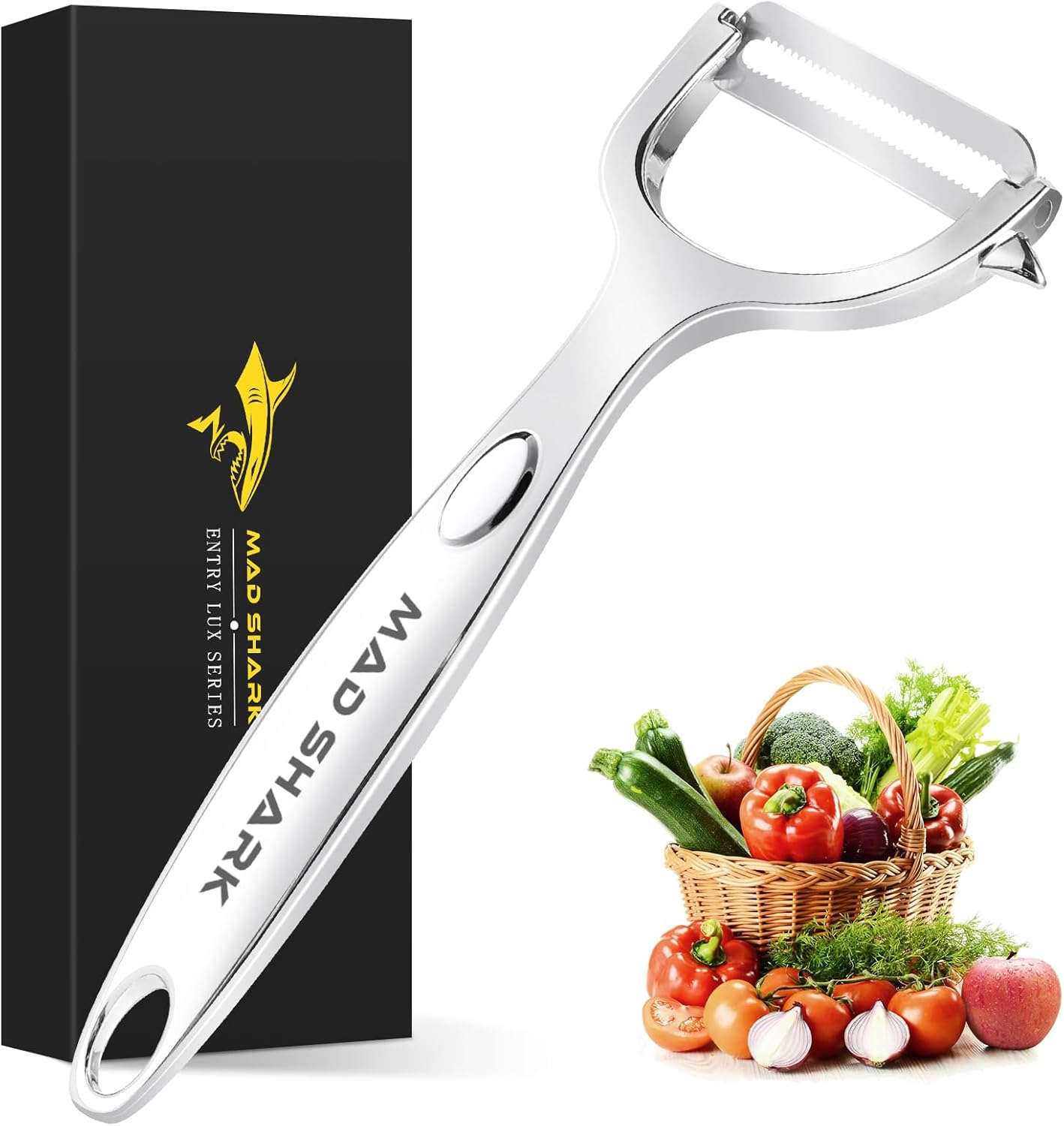 MAD SHARK Ultra Sharp vegetable peelers for kitchen – 10 Years No-Rust Stainless Steel Serrated Potato Peeler Easy to Use Y Peeler with Durable Non-Slip Ergonomic Grips for Carrots, Fruits, Veggie