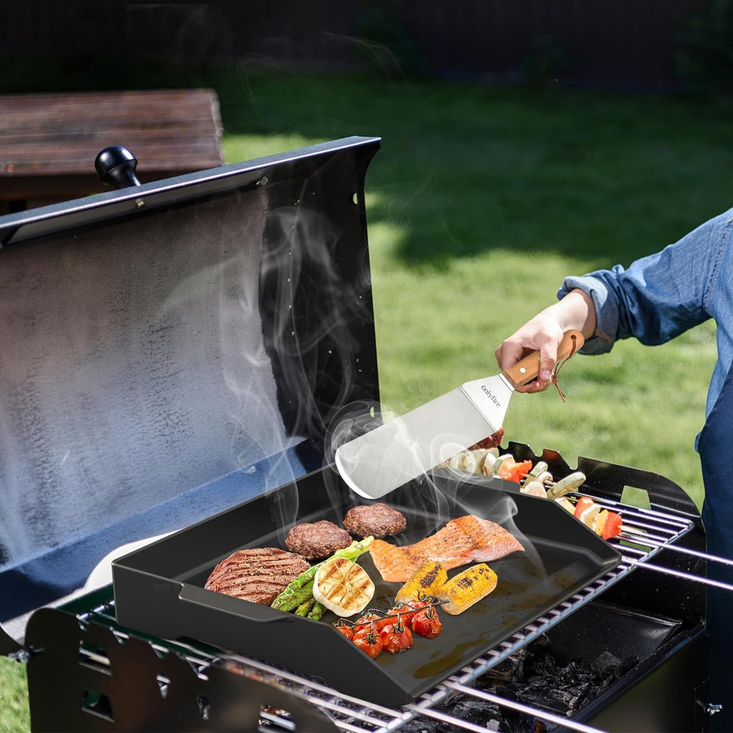 Onlyfire Universal Cast Iron Griddle for Gas Grills and Range Oven, Non-stick BBQ Flat Top Griddle with Handles for Outdoor Cooking, Tailgating, 18.6" × 14"