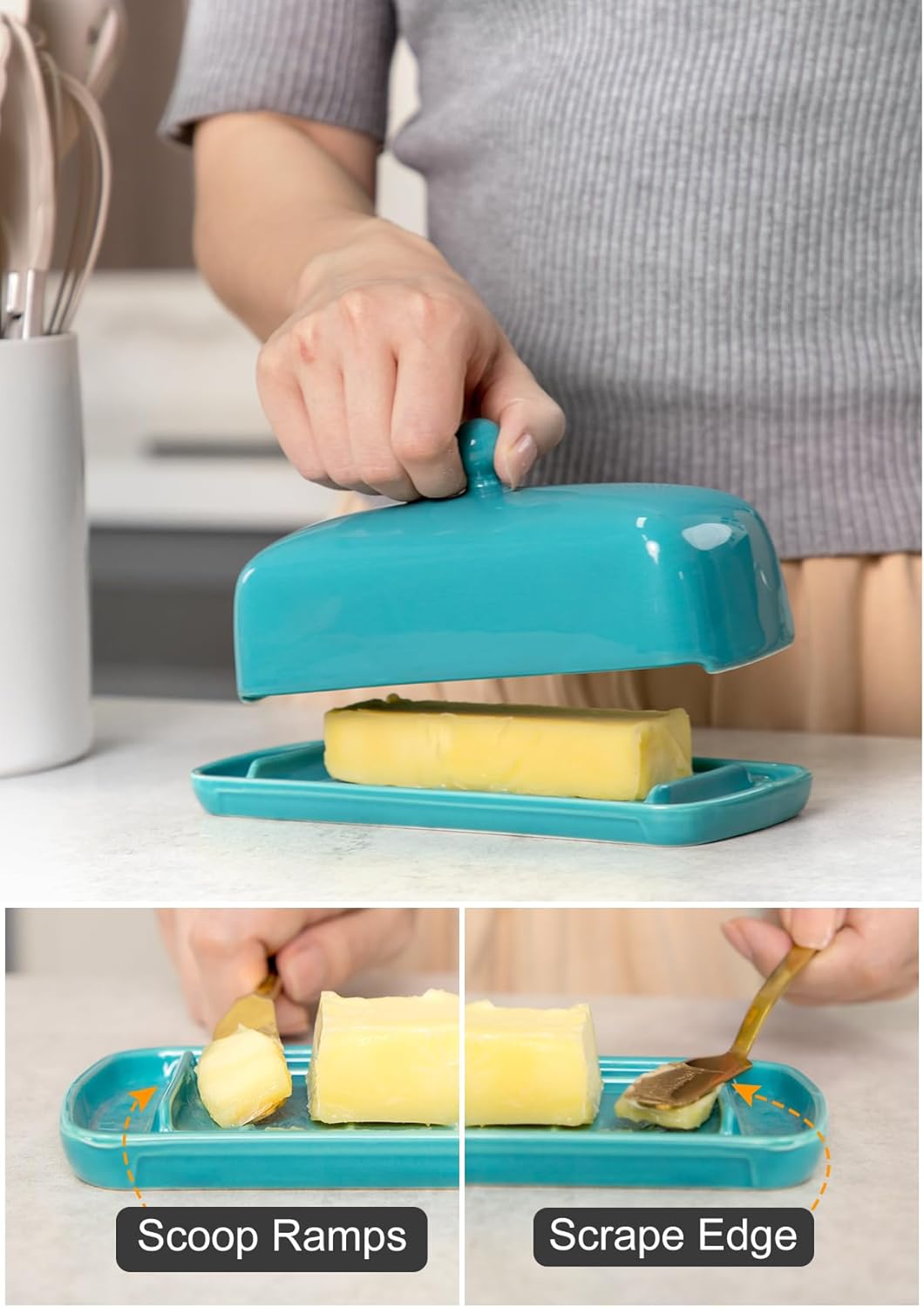 Nucookery Ceramic Butter Dish with Lid for Countertop, Butter Holder with Raised Non-Slip Strip, Keeper and Container for 1 Stick, Easy to Clean & Dishwasher Safe, Royal Blue