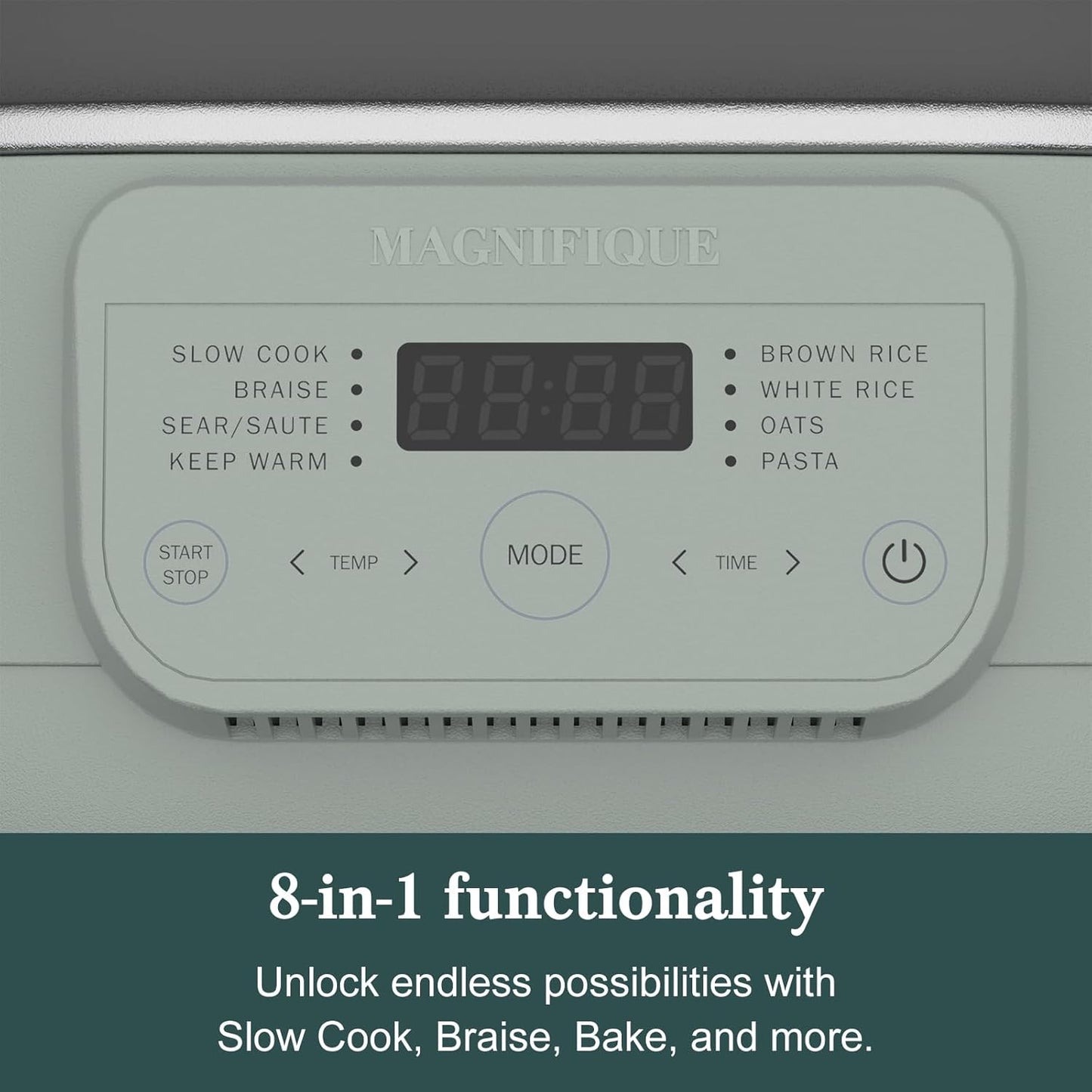 MAGNIFIQUE 6 Quart Multi-Cooker, with 8-in-1 Casserole Programmable Slow Cooker, Dutch Oven, Pasta, Nonstick, Oven Safe Pot to 500°F Olive Olive