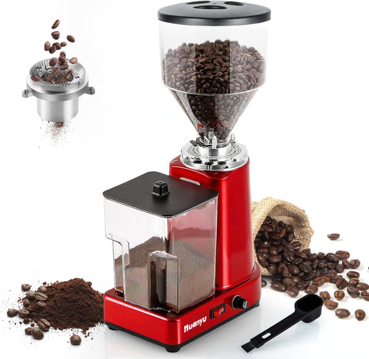 Huanyu Flat Burr Coffee Grinder with 19 Grinding Settings Bulk Electric Coffee Bean Grinder Adjustable Large Capacity 35oz Red