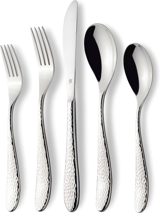 Hammered Silverware Set | Premium 18/10 Stainless Steel Flatware Service for 12 | Heavy-Duty & Dishwasher Safe | Built to Last (60-Piece, Marettimo Hammered)