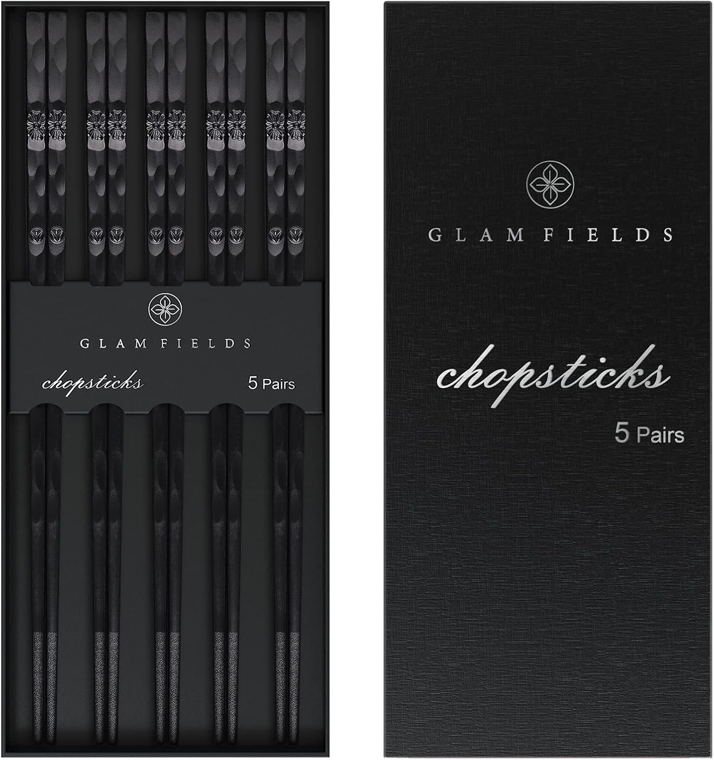 5 Pairs Japanese Fiberglass Chopsticks, GLAMFIELDS Reusable Chop sticks Dishwasher Safe, Non-slip, 9 1/2 inches - Gift Set Black