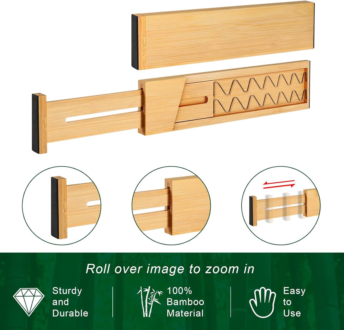 4 Pack Bamboo Drawer Dividers, Adjustable Length from 12 Inch to 17 Inch, Expandable Kitchen Drawer Organizer, Drawer Organization Separators for Clothes, Kitchen, Bedroom, Dresser, Office (Beige)