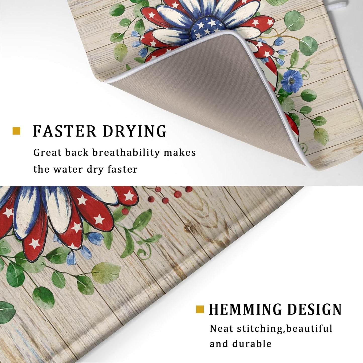 Independence Day Dish Drying Mat 18x24 inch Patriotic Love Heart Fast Dry Microfiber Dishes Drainer Rack Pad Kitchen Counter Accessories