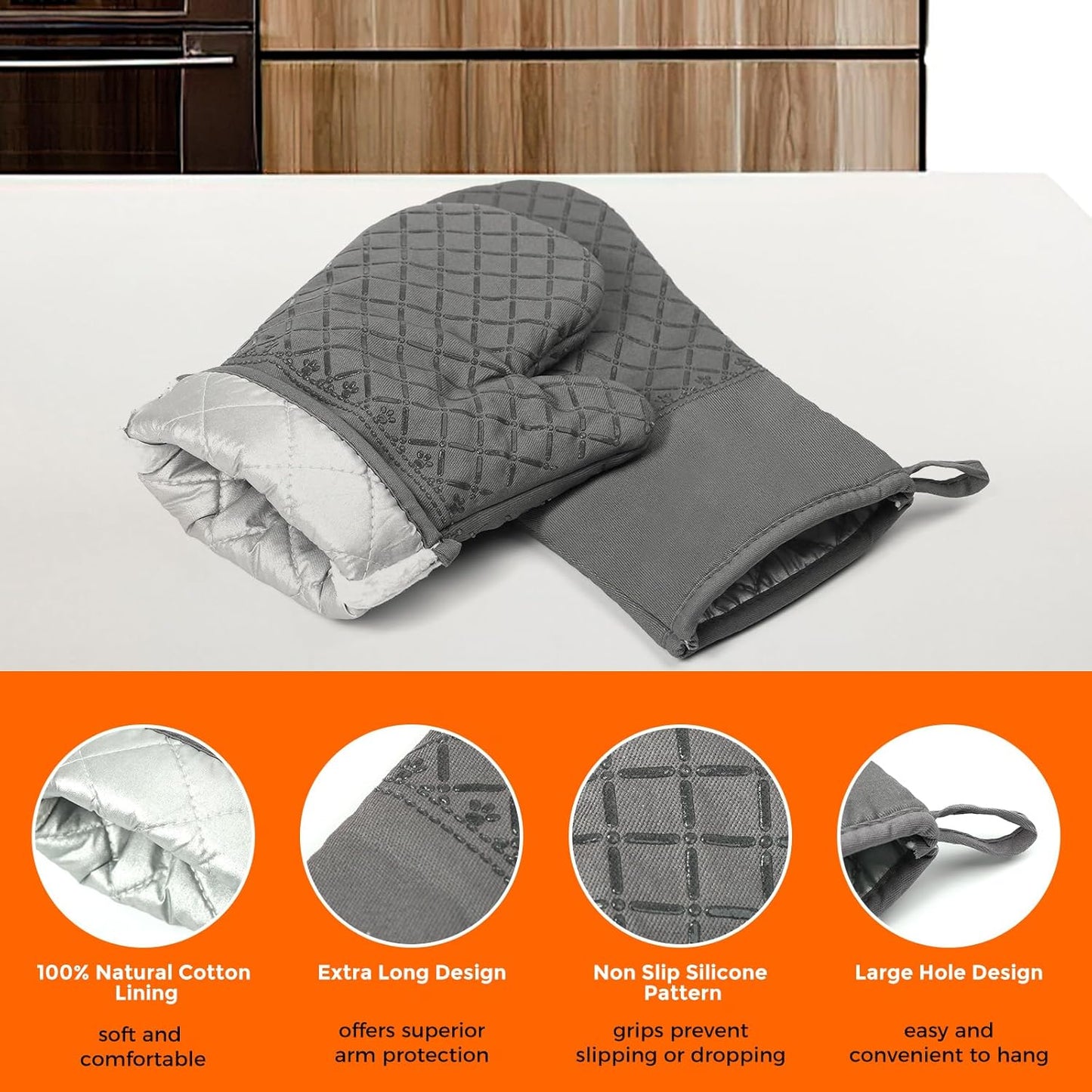 2 Pcs Oven Mitts Heat Resistant for Kitchen, Kitchen Oven Gloves, Long Oven Mitts and Pot holder with Non-Slip Silicone Stripe and Soft Cotton Lining, Silicone Oven Mitts for Cooking Baking BBQ Gloves