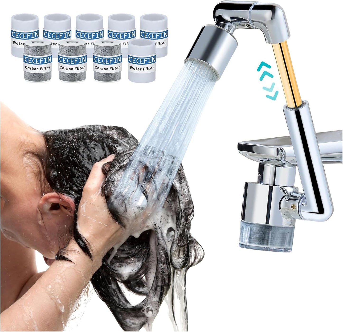 CECEFIN 1440ºSink-Water-Filter Faucet-Extender 3.0 Telescopic - Carbon Purifier Reduce 99% Chlorine, NSF Test Bathroom Kitchen Aerator, Swivel Long Arm Extension for Toddlers, Hard Water Softener