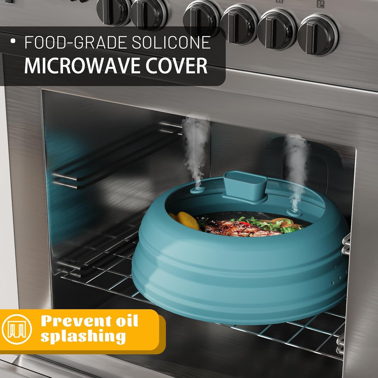 Microwave Splatter Cover, Vented Silicone and Glass Cover Splatter Guard Lid, Food Collapsible Plate Cover Lid with Easy Grip Handle. (Blue, 9 inch)