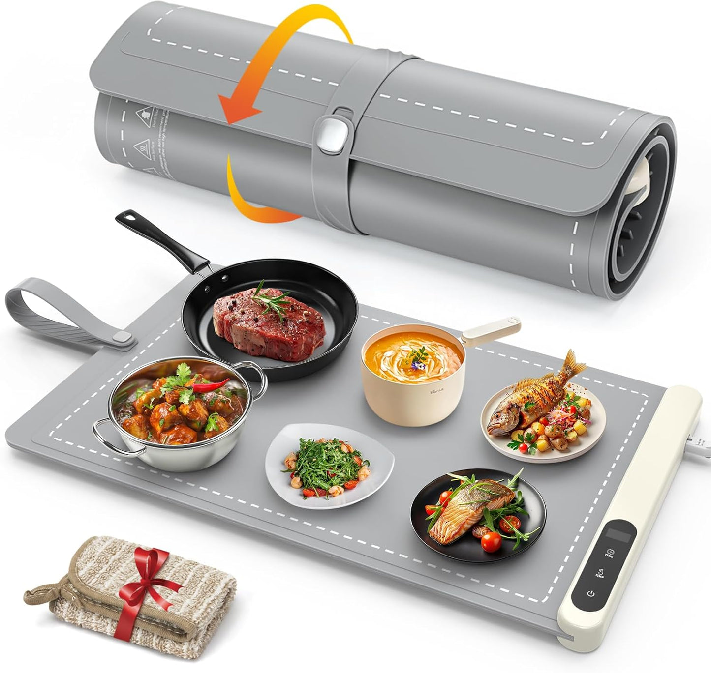 FYY Food Warming Mat - Electric Warming Tray with 6 Temperature Settings and 6 Hours Timer, Full Surface Graphene Heating Food Warmer, Premium Rollable Heating Tray for Gatherings, Parties, Grey