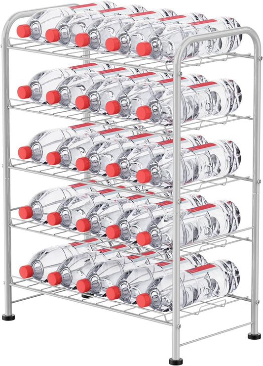 5 Tier Water Bottle Organizer Small Water Bottle Holder Stand Freestanding Metal Bottled Water Rack Dispenser for Kitchen, Pantry Organization and Storage, Silver