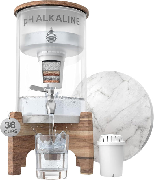 Invigorated Water pH Recharge Alkaline Water Filter Dispenser – BPA-Free Glass Countertop Water Filter Pitcher Purifier for Home & Office, 36-Cup Capacity, 360L Long Filter Life (Bamboo/Marble)