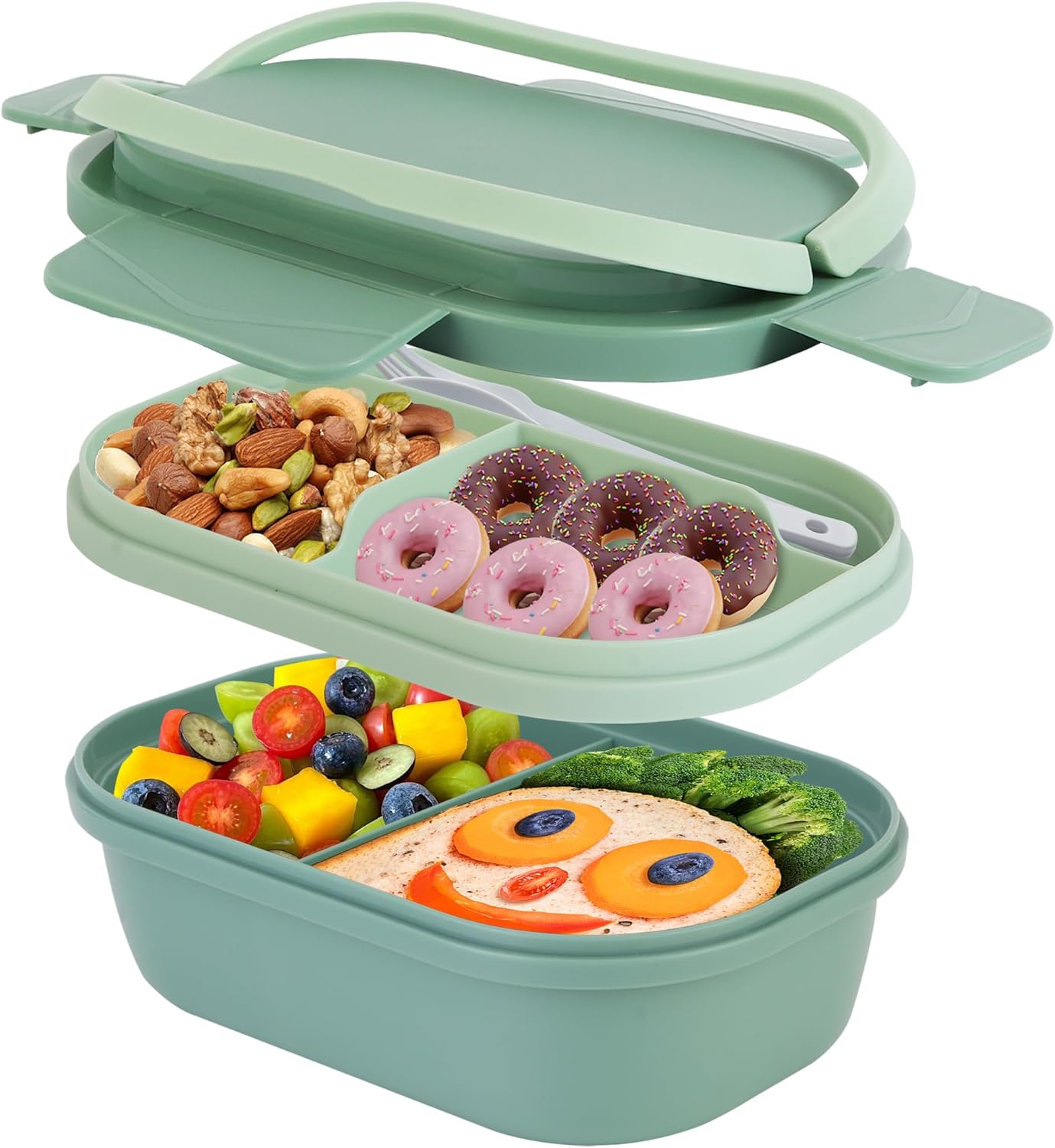 Hidden-Handle Bento Box Adult Lunch Box, Leak-Proof Lunch Containers for Adults & Kids, 2-Layer 5-Compartment 6 Cup with Utensils, Green