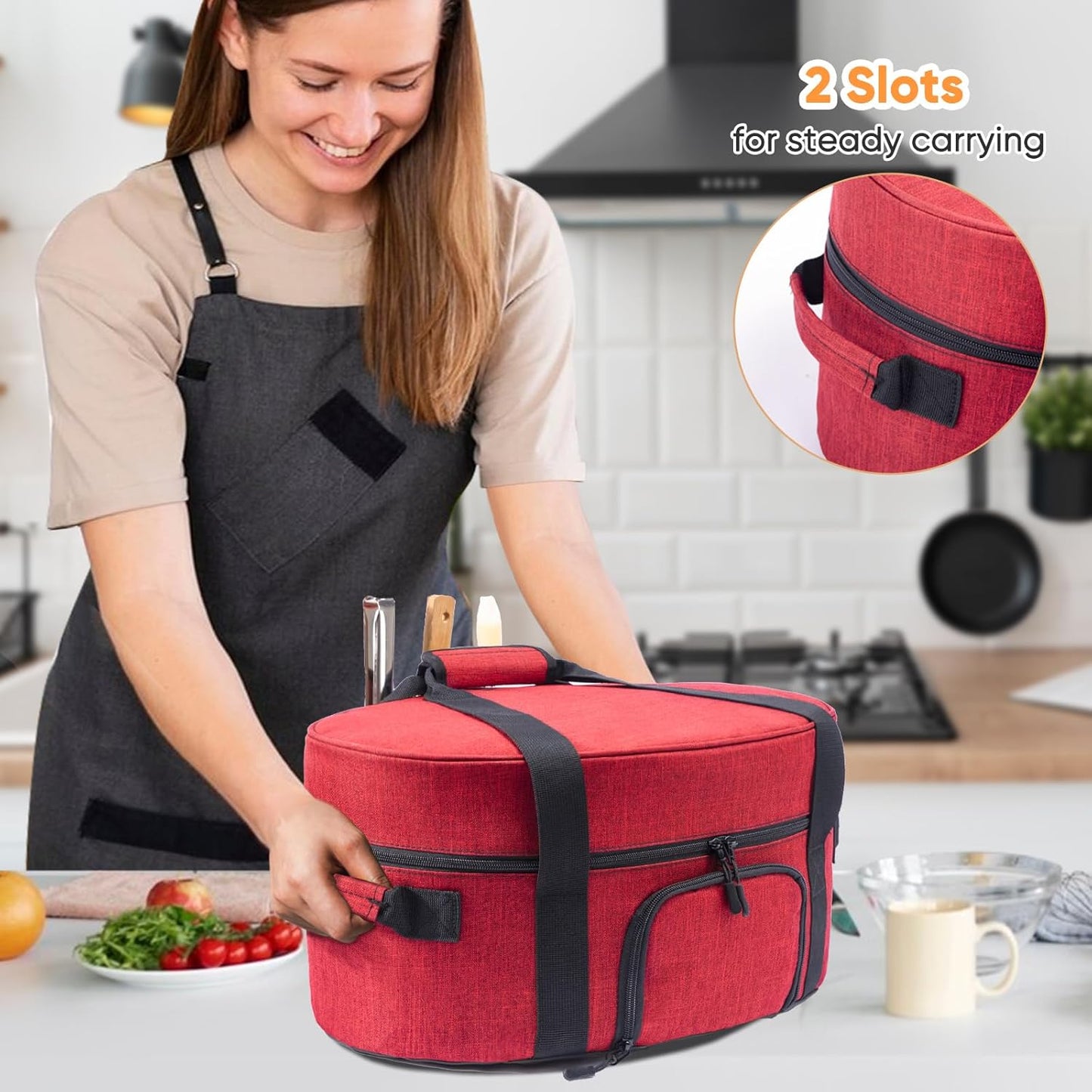 Insulated Slow Cooker Carrying Bag for 6-8 Quart CrockPot and Hamilton Beach Slow Cooker with See-thought Window, Portable Carrier Case with Adjustable Band and Accessory Pocket