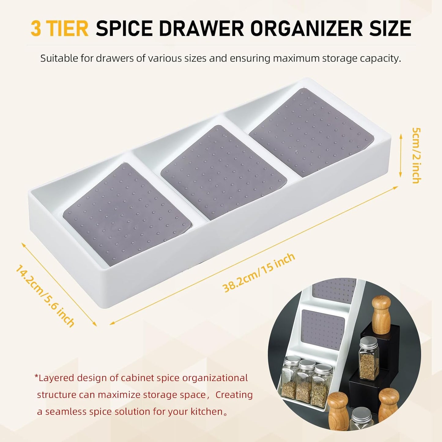 Spice Drawer Organizer, 3 Tier Non-Slip Silicone Seasoning Jars Drawer Insert, Spice Rack Organization for Drawer, Kitchen Spice Rack Tray for Cabinet Countertop Makeup Storage-1 Pack