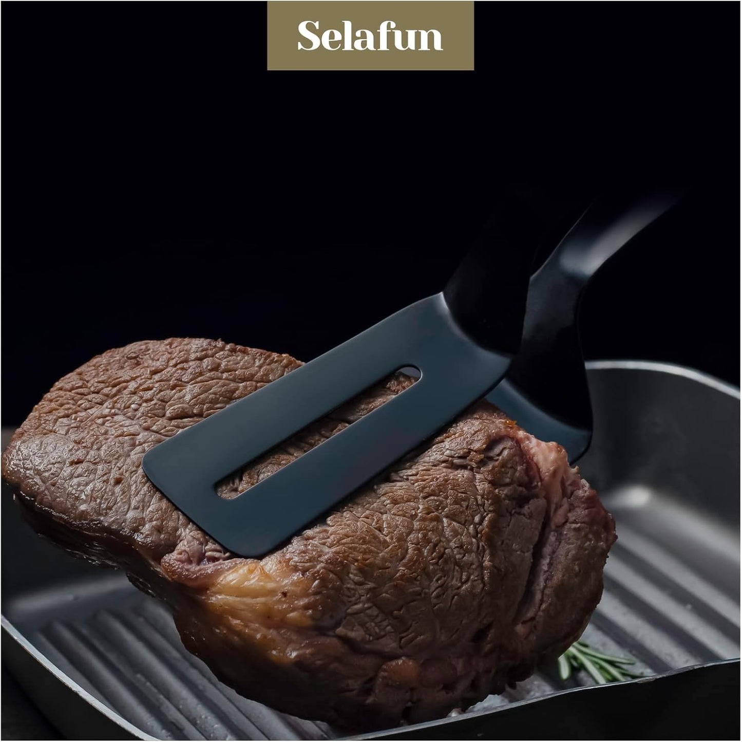 Kitchen Tongs Steak Clamp Bread Tongs 10 inch Double Spatula Tongs Clip Pizza Clamp Stainless Slotted Multi-Function Food Flipping for Bread Eggs BBQ Hamburgers Patties Pancakes (1, Matte Black)