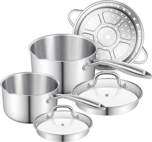 Leetaltree 1.5 and 2.5 Quart Stainless Steel Saucepan with Steamer Basket, Tri-ply Construction, Multipurpose Sauce Pan with Double-sized Drainage Lid - Perfect for Cooking Gravies, Pasta, Vegetable